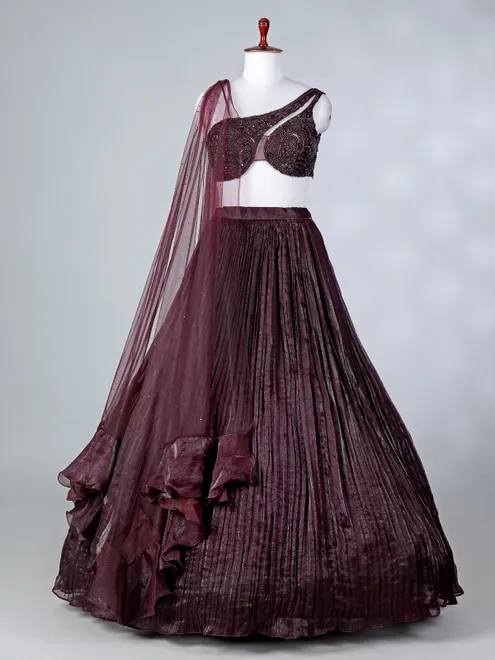 Wine chiffon lehenga choli with sequins detailing