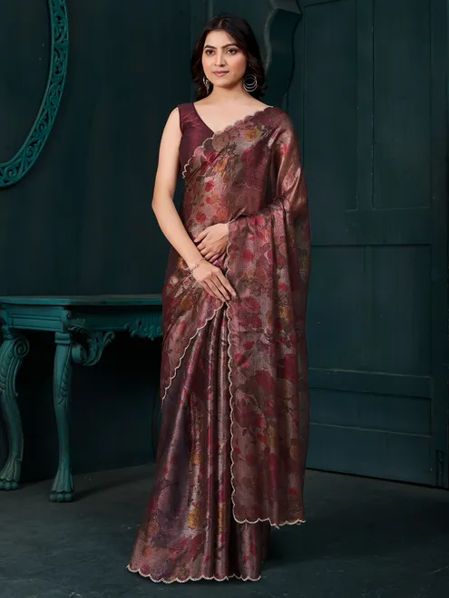 Wine chiffon saree with unstitched blouse