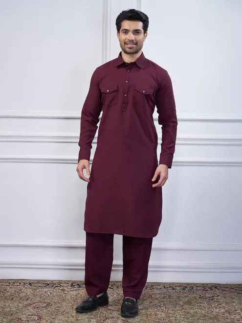 Wine cotton plain pathani kurta set