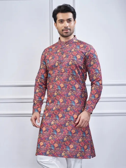 Wine cotton printed kurta suit for festive wear