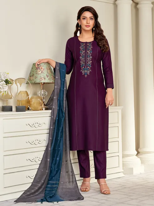 Wine cotton salwar suit with shaded dupatta