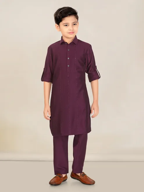 Wine cotton silk boys pathani suit for eid celebration