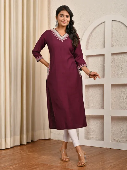 Wine cotton silk embroidered casual kurti
