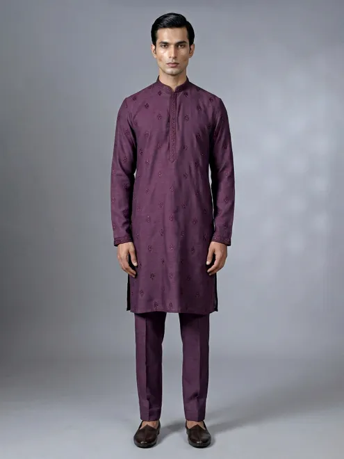 Wine cotton silk kurta suit with thread and sequins