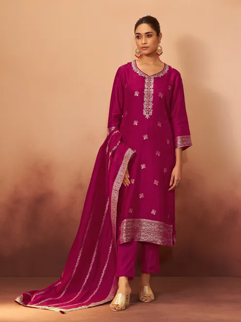 Wine cotton silk kurti set with zari work