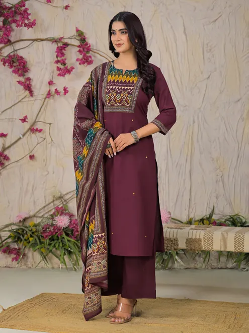 Wine cotton silk yoke style kurti set