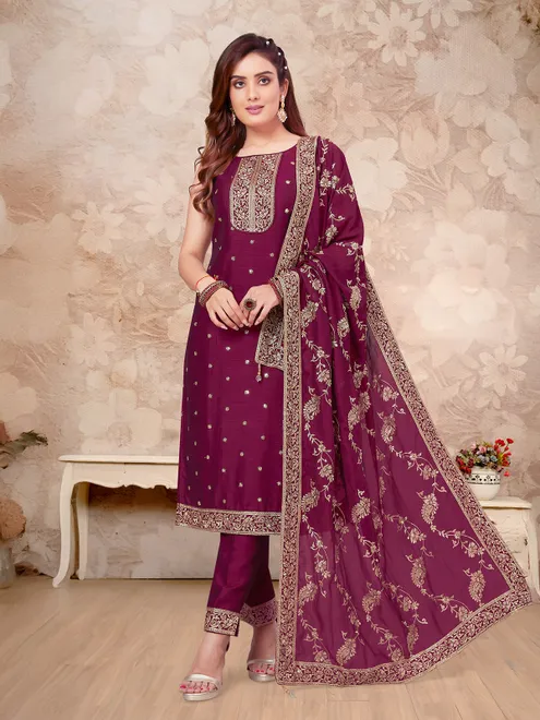 Wine cotton silk zari salwar suit