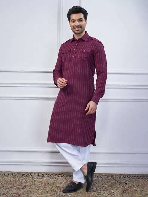 Wine cotton stripe mens pathani kurta set