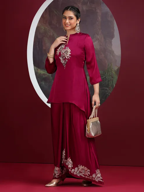 Wine crepe silk indowestern suit with elegant work