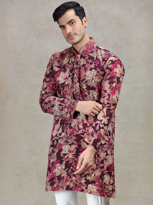 Wine elegant sophistication printed kurta set for men