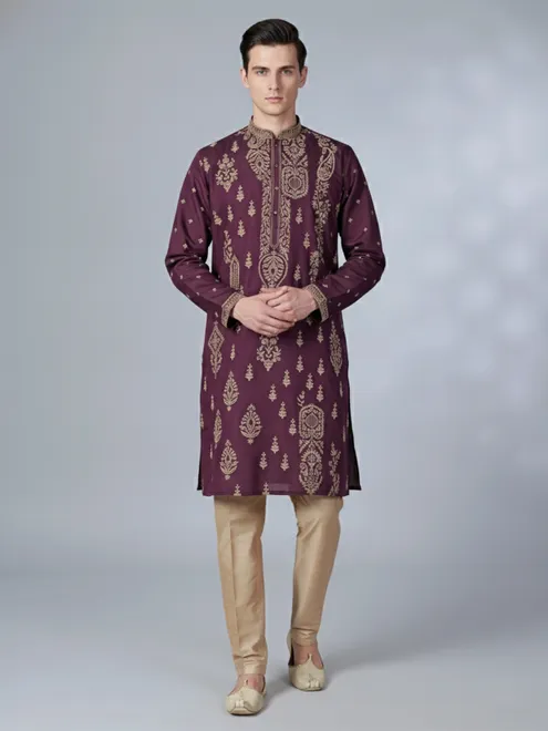Wine festive wear silk kurta suit