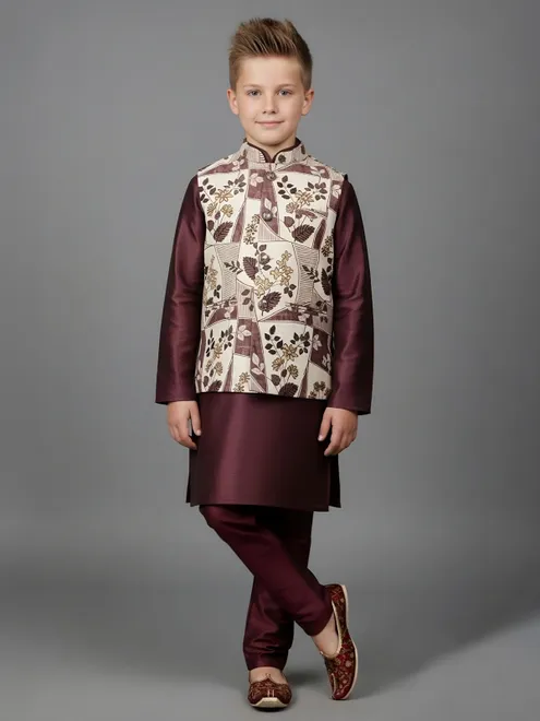 Wine floral printed silk blend waistcoat set