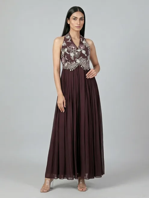 Wine georgette designer festive suit sleeveless style