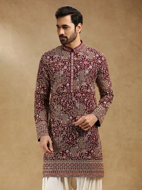 Wine georgette kurta suit for festive wear