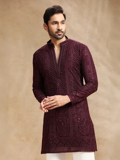 Wine georgette kurta suit with embroidery