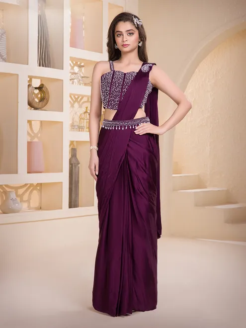 Wine georgette lehenga choli with beads detailing