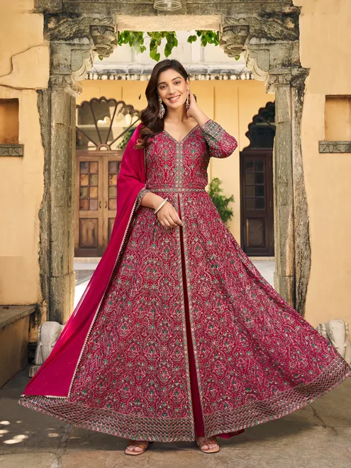 Wine georgette pakistani anarkali palazzo suit