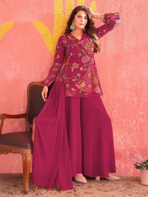 Wine georgette palazzo suit with cutdana and sequins work