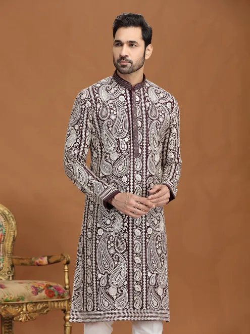 Wine georgette resham embroidered kurta suit
