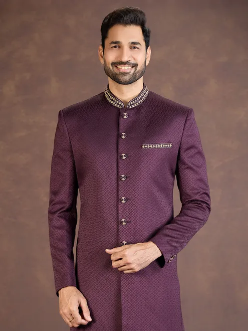 Wine jacquard Indo western set with embroidered detailing