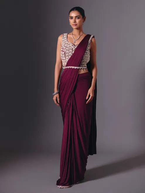 Wine lycra saree with sparkling cutdana and pearl work