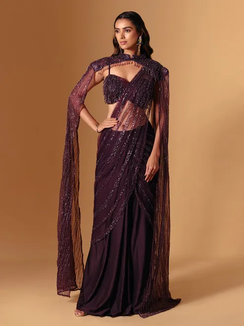 Wine net designer ready to wear saree