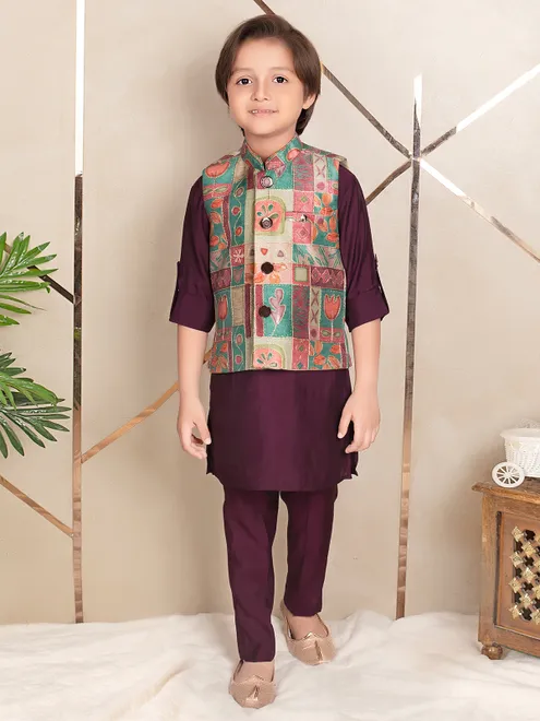 Wine newest silk festive wear waistcoat set for boys