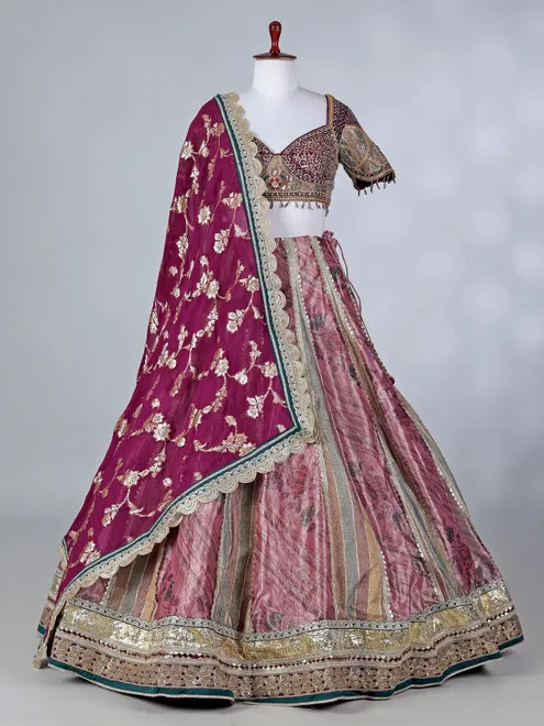 Wine organza silk printed lehenga choli with dupatta