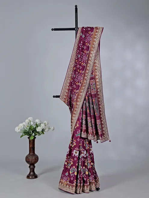 Wine patola silk wedding saree with zari weaving