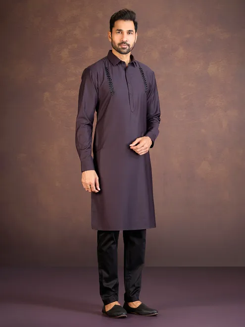 Wine plain satin cotton lycra pathani suit