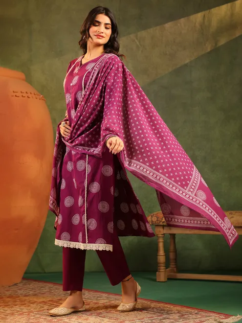 Wine printed festive wear cotton silk kurti