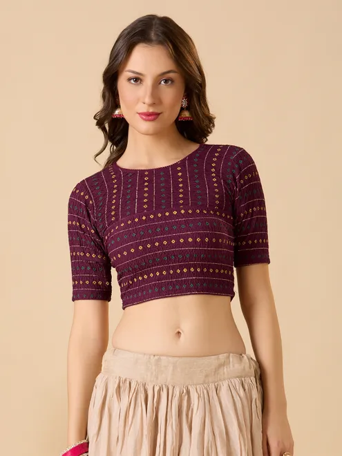 Wine printed lycra ready made blouse with round neck