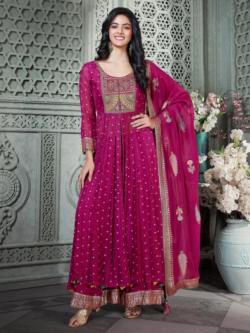 Wine printed silk palazzo suit with dupatta