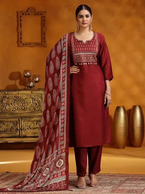 Wine printed silk salwar suit for festive