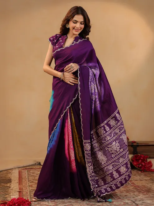 Wine printed silk saree for celebrations