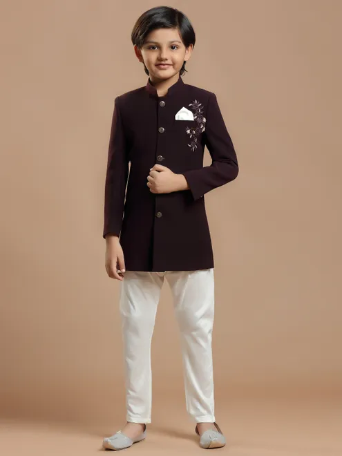 Wine hue festive wear indowestern for boys
