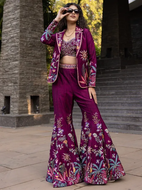 Wine raw silk jacket style palazzo suit