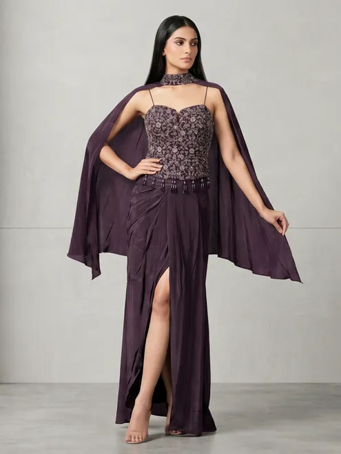 Wine satin crepe silk indowestern designer suit