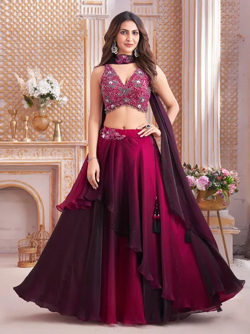 Wine satin silk embellished lehenga choli