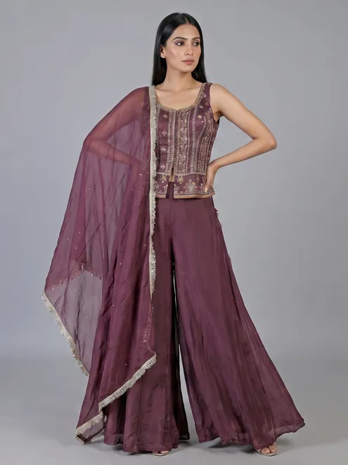 Wine satin silk palazzo suit with designer detailing