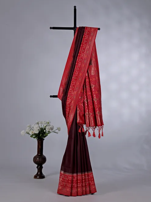 Wine semi silk saree with printed contrast border