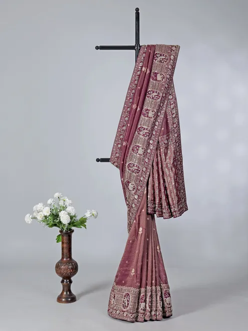 Wine shimmer tissue silk wedding wear saree