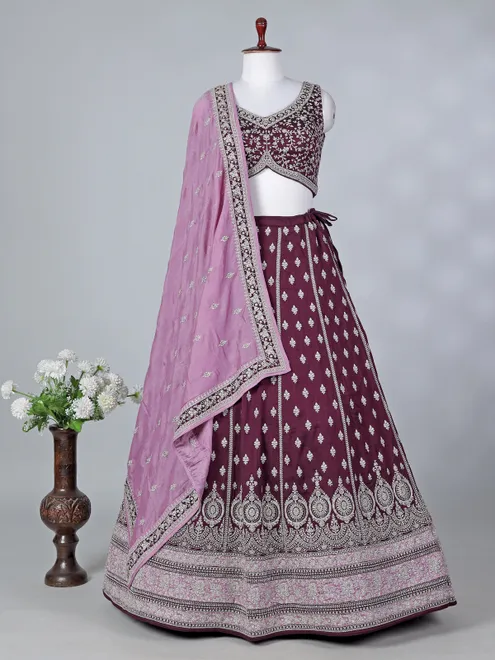 Wine silk bridal lehenga choli with dupatta
