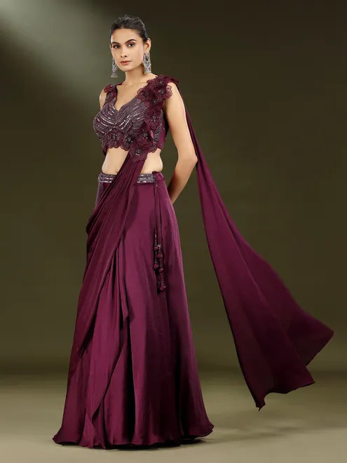 Wine silk designer lehenga choli with attached dupatta