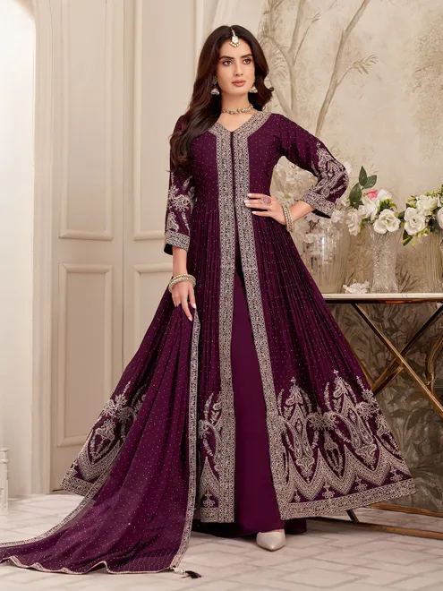 Wine silk elegant zari work designer palazzo salwar suit with dupatta