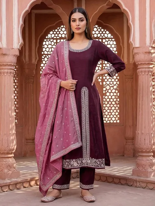 Wine silk embroidered festive palazzo suit with contrast dupatta