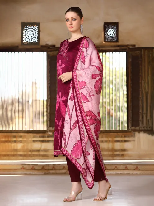 Wine silk floral printed kurti set