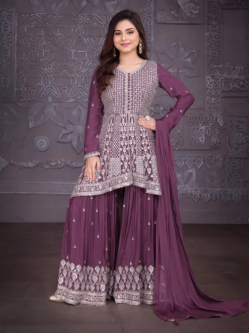 Wine silk full sleeve sharara outfit