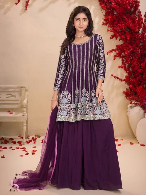 Wine silk georgette embroidered palazzo suit with dupatta