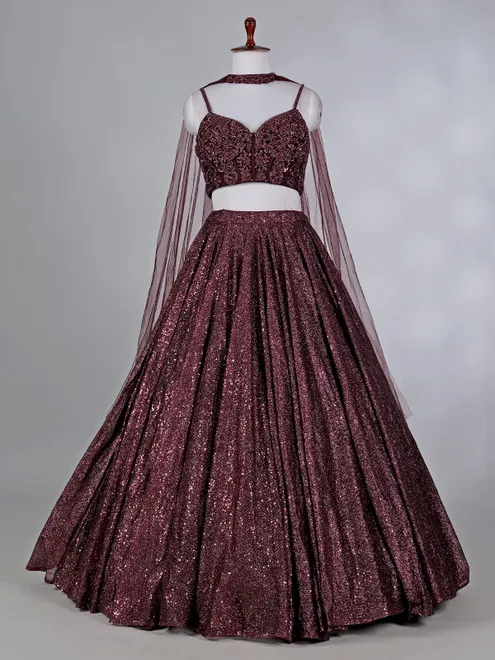 Wine silk lehenga choli with zardosi and beads work
